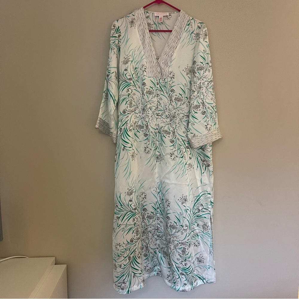 Oscar de la Renta Kaftan Nightgown dress SMALL green floral silky